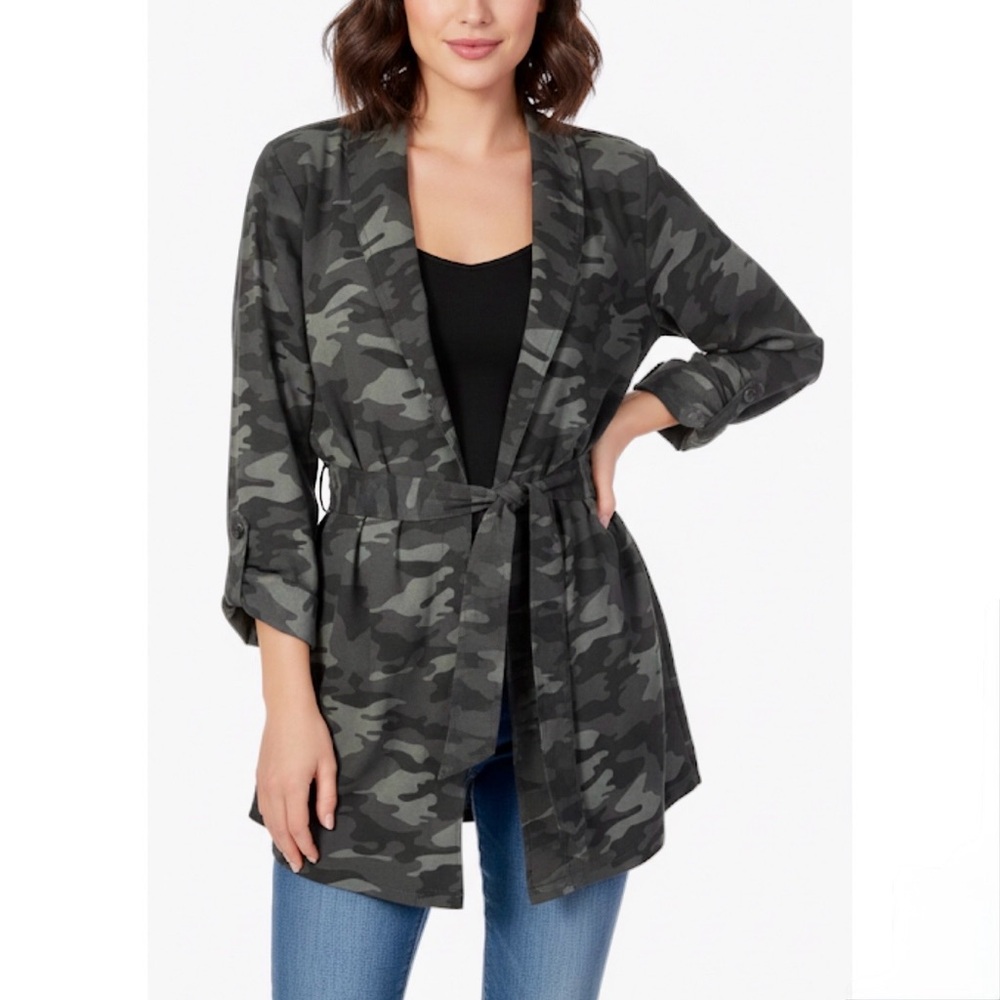 500 Maison Cinqcent Black Gray Camo Print Lightweight Belted Trench Jacket XL